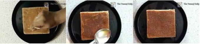 Collage image of 3 steps showing addition of honey syrup to the sponge cake.