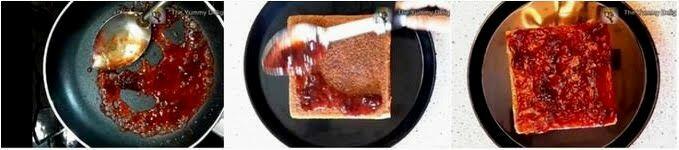 Collage image of 3 steps showing addition of jam to the top of honey cake.