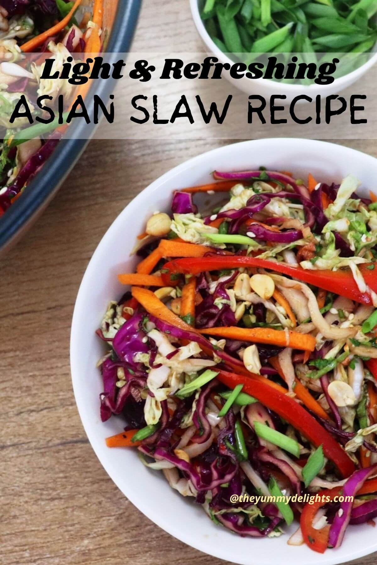 close-up of asian slaw served in a white bowl. A big bowl of asian slaw is kept on left side.