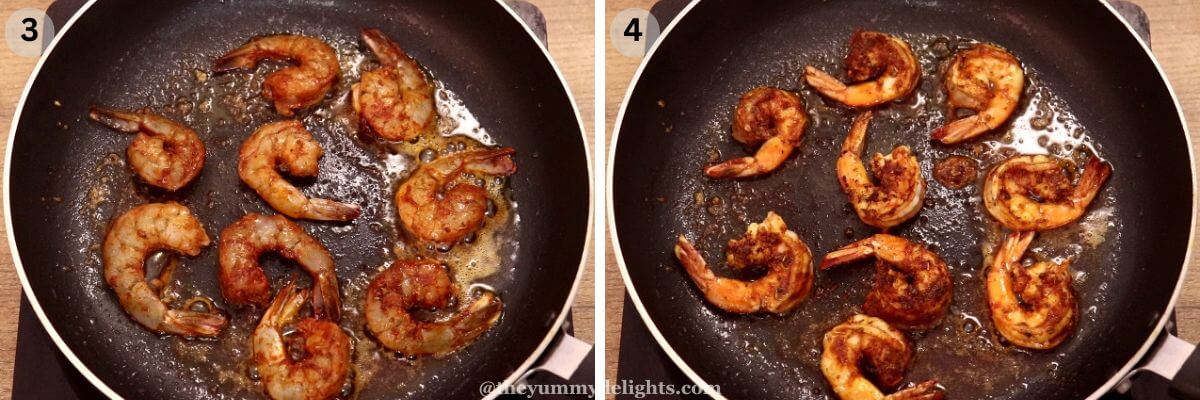 collage image of 2 steps showing cooking cajun shrimp recipe.