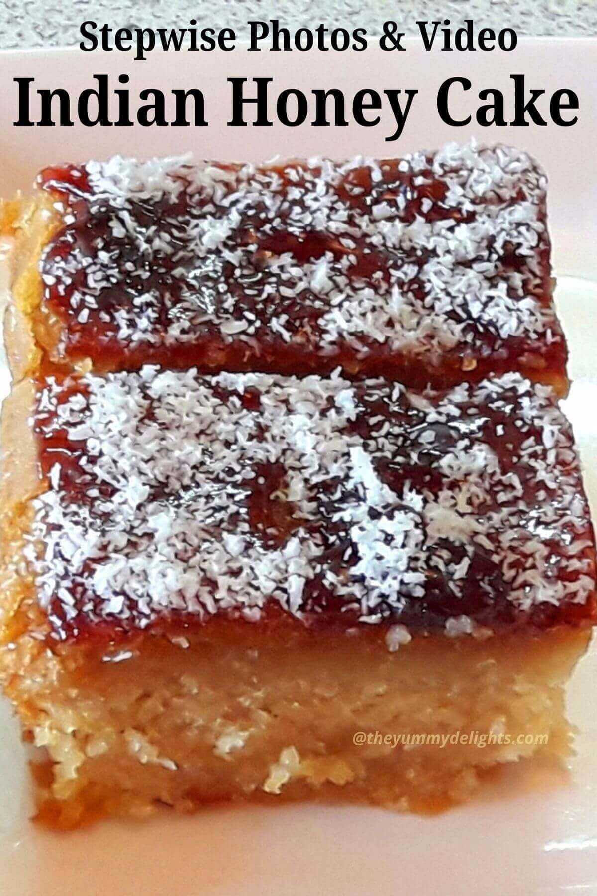 close-up of Indian honey cake placed on a white plate.