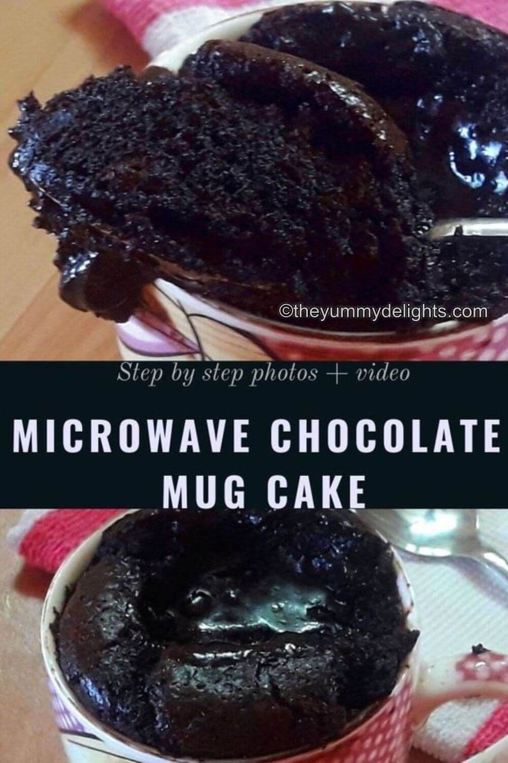 close-up of chocolate mug cake. It shows the top shot, texture of cake, and a molten chocolaty center.