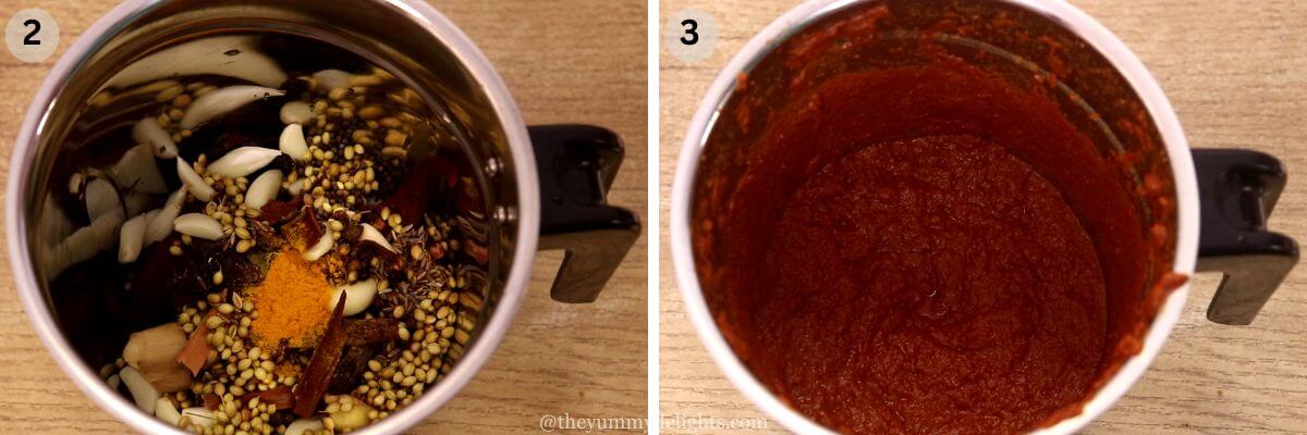 collage image of 2 steps showing how to make vindaloo masala. It shows vindaloo masala ingredients in blender jar and ground vindaloo paste.