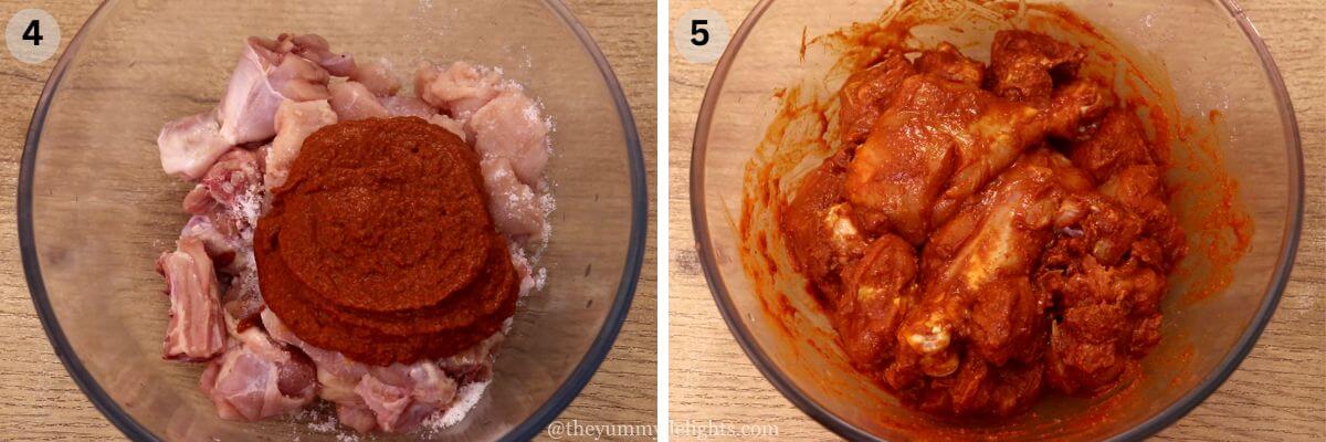 collage image of 2 steps showing marinating chicken for chicken vindaloo recipe. It shows mixing chicken with salt and vindaloo masala paste.