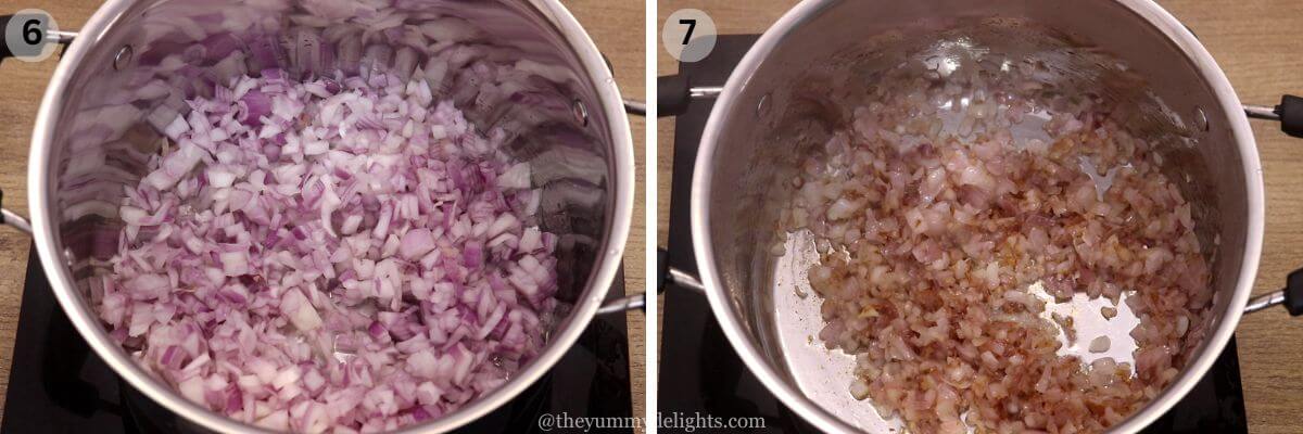 collage image of 2 steps showing sauteing onions to golden brown to make vindaloo curry.