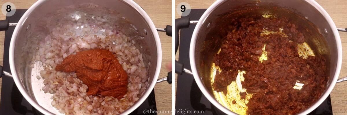 collage image of 2 steps showing addition of vindaloo masala and cooking it to make chicken vindaloo recipe.