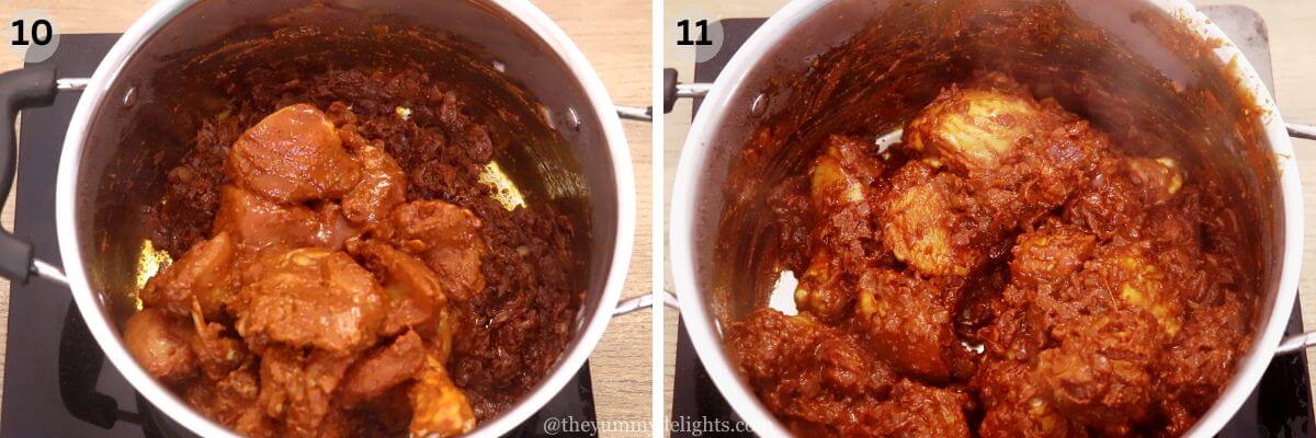 collage image of 2 steps showing sauteing chicken with vindaloo spices.