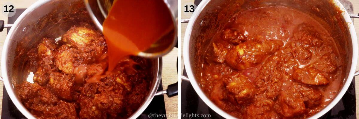 collage image of 2 steps showing addition of water and cooking chicken.