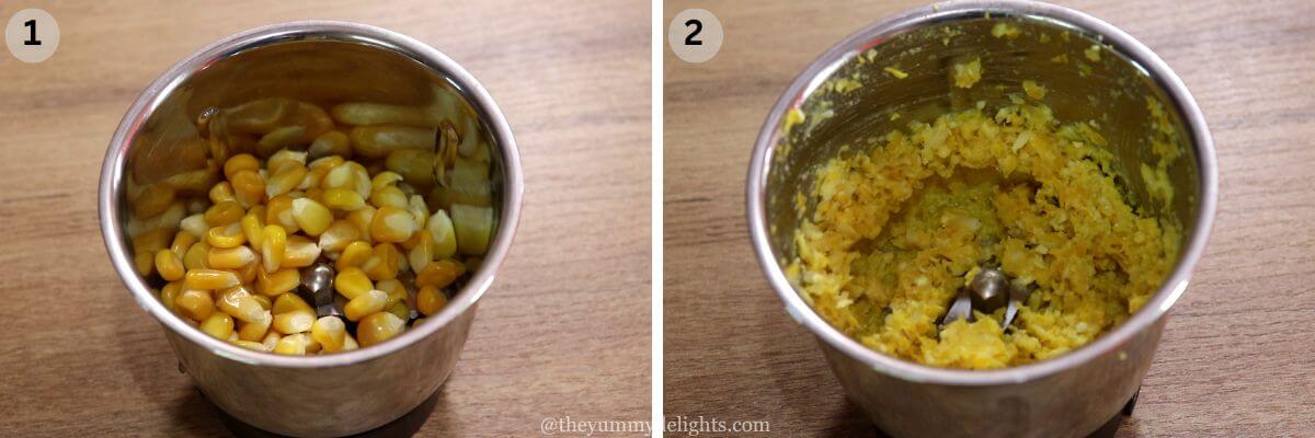 collage image of 2 steps showing how to make crispy corn fritters. Shows making ground corn paste.