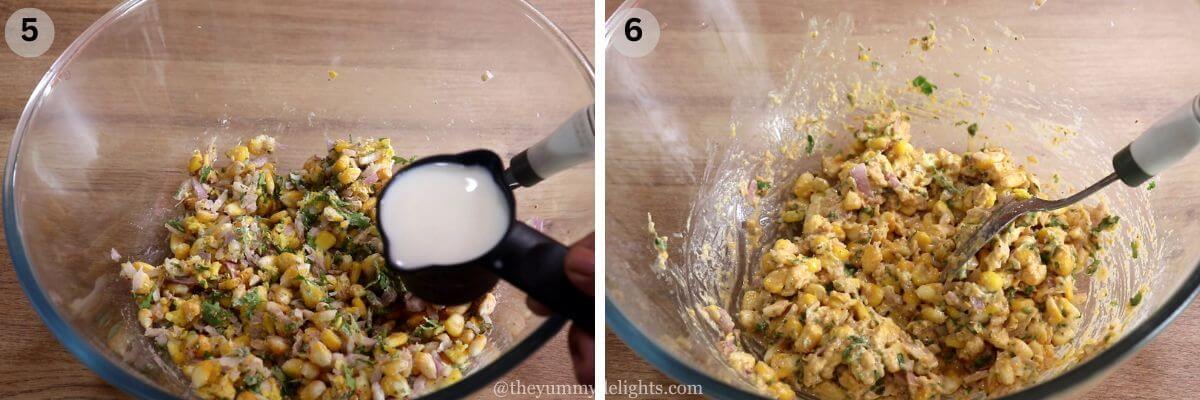 collage image of 2 steps showing mixing coconut milk to fritter batter.