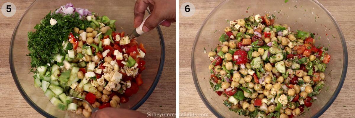 collage image of 2 steps showing how to make mediterranean chickpea salad with feta cheese. It shows tossing the salad.