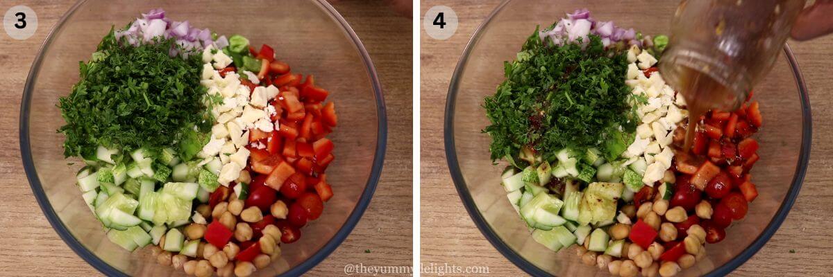 collage image of 2 steps showing addition of dressing to the chickpea salad.
