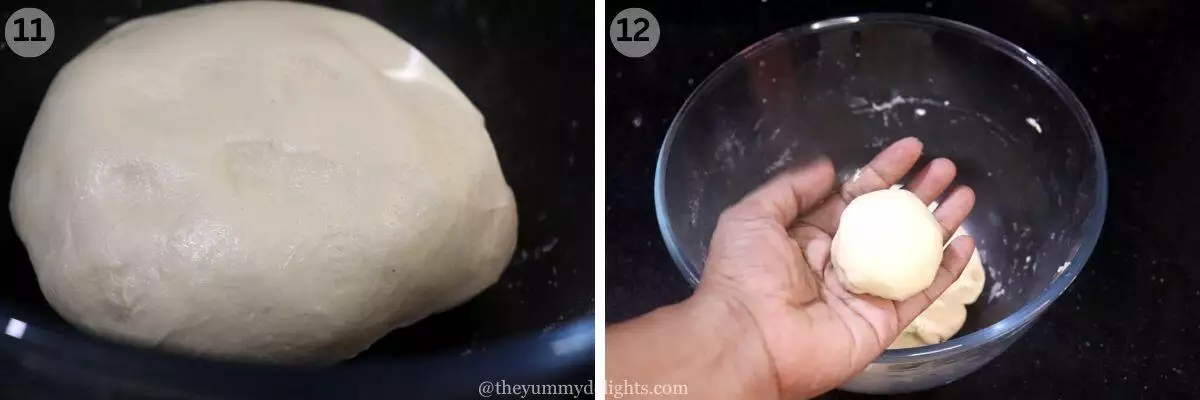 collage image of 2 steps showing naan dough and making small balls out of it.