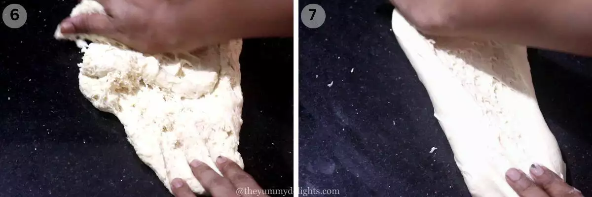 collage image of 2 steps showing kneading the naan dough to make naan bread recipe.