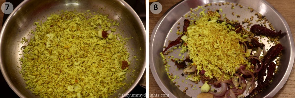 collage image of 2 steps showing stir-frying the coconut to make Mangalorean chicken curry masala paste.