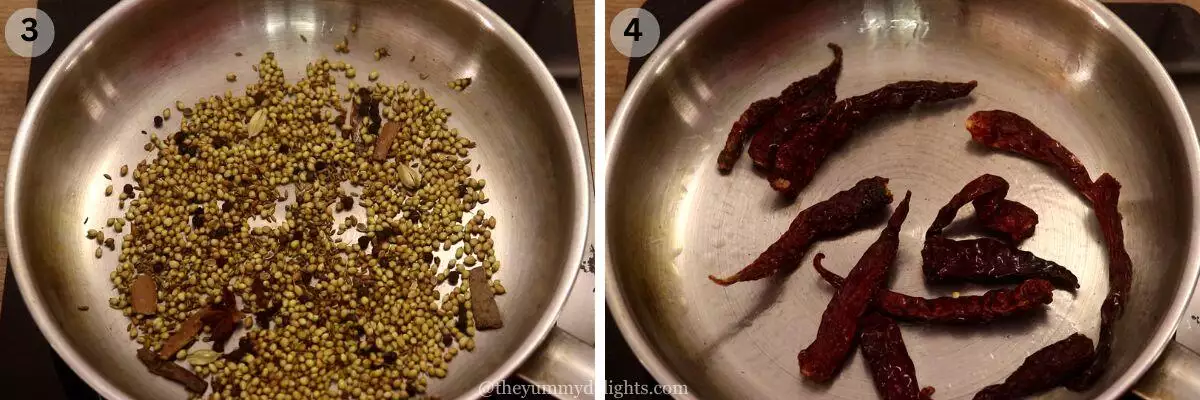 collage image of 2 steps showing stir-frying the whole-spices and dried red chilies to make Mangalorean red masala paste.