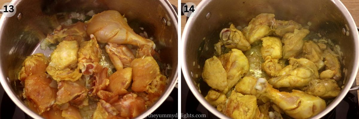 collage image of 2 steps showing stir-frying the chicken to make kori rotti curry.