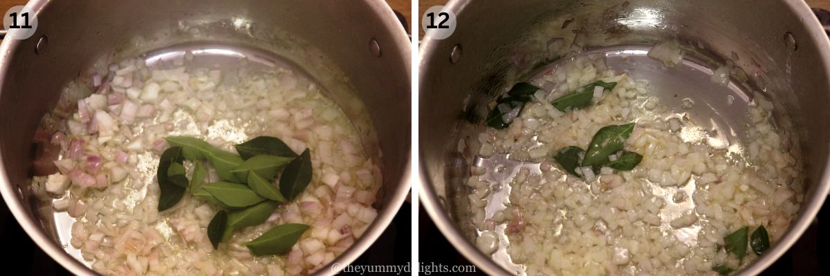 collage image of 2 steps showing stir-frying onions and curry leaves for making mangalore chicken curry.