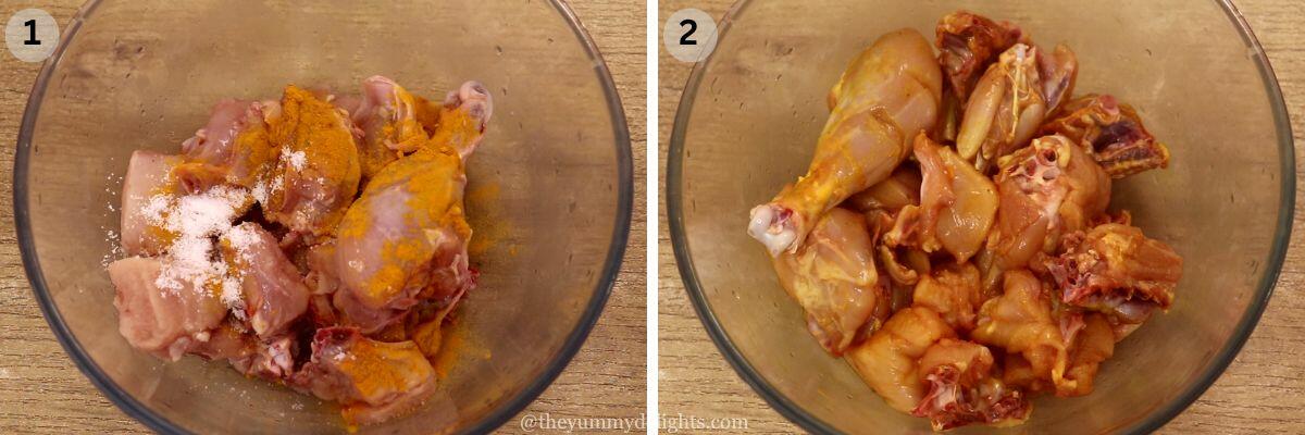 collage image of 2 steps showing marinating the chicken to make kori gassi.