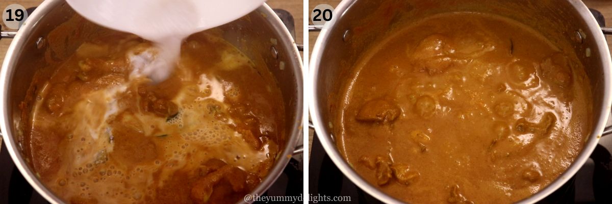 collage image of 2 steps showing addition of thin coconut milk to the Mangalorean chicken curry.