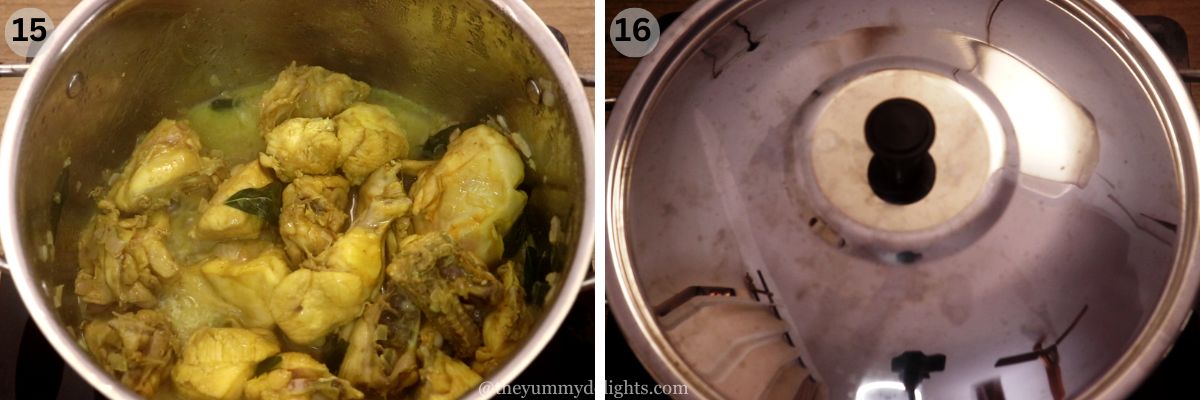 collage image of 2 steps showing cooking the chicken to make chicken curry.