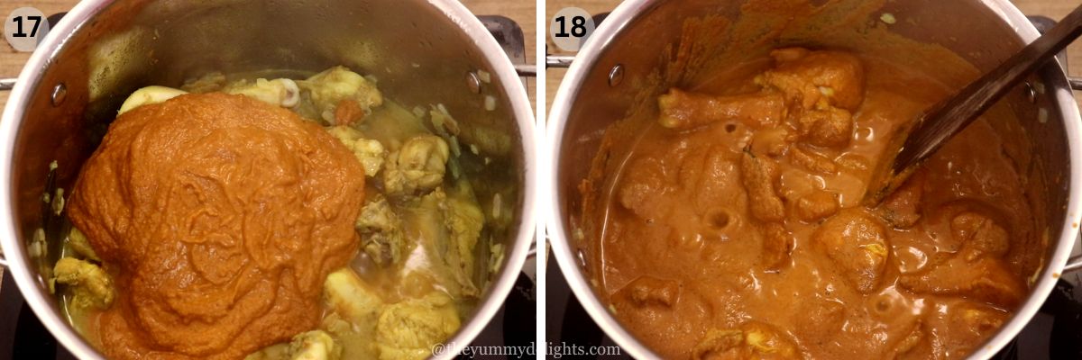 collage image of 2 steps showing addition of mangalorean red masala paste to the chicken.