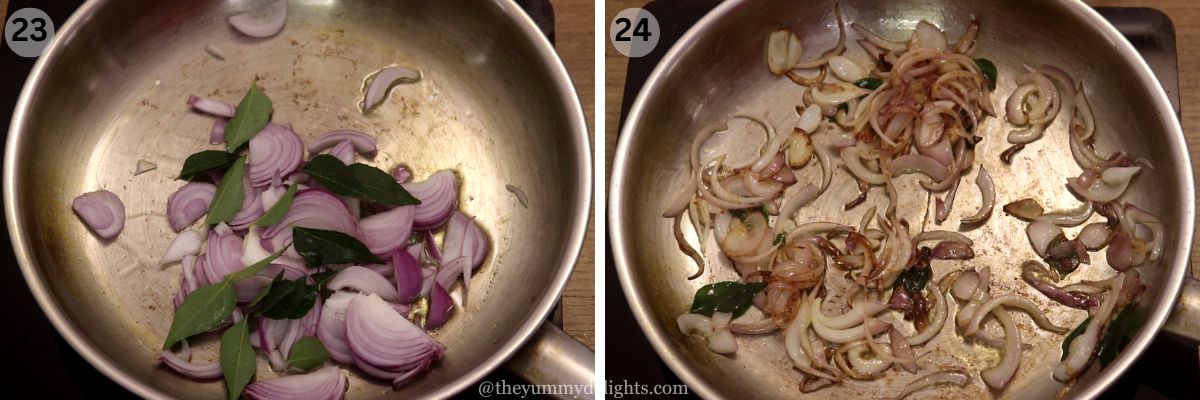 collage image of 2 steps showing stir-frying the onions and curry leaves to make the tempering.