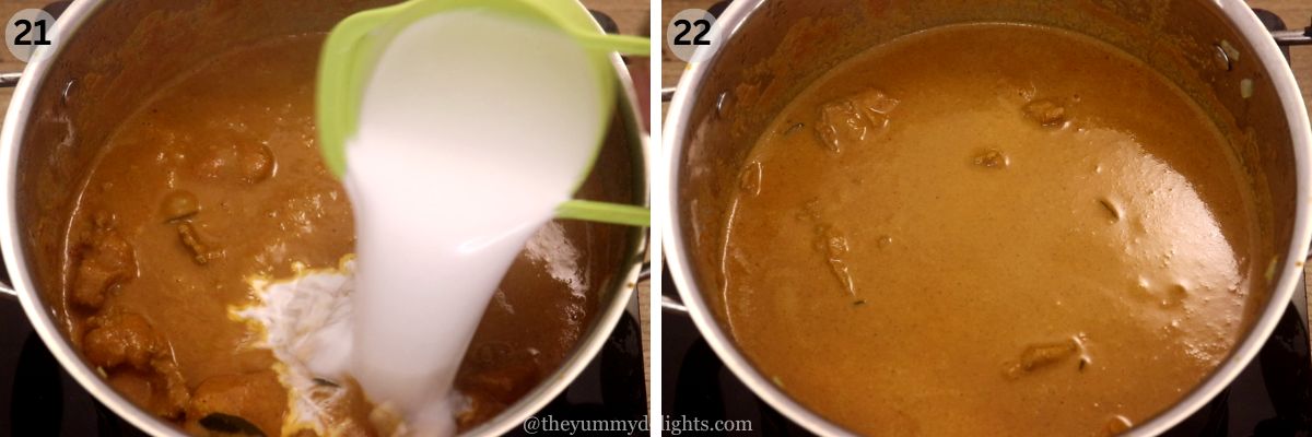 collage image of 2 steps showing addition of thick coconut milk to the chicken curry.