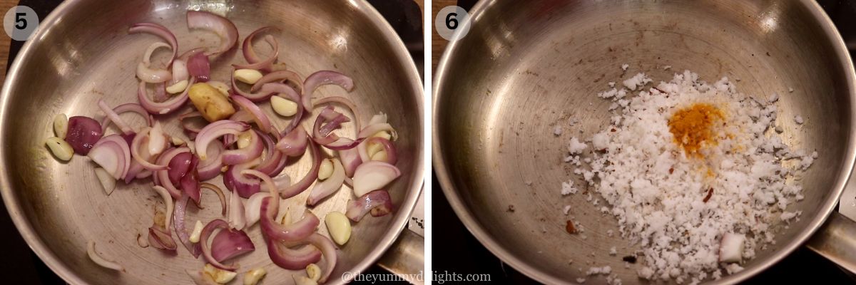 collage image of 2 steps showing stir-frying onion, ginger and garlic. It also shows stir-frying the coconut.