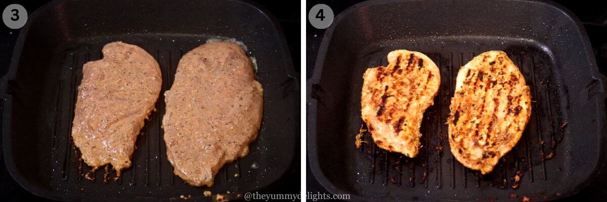collage image of 2 steps showing grilling the chicken to make mediterranean salad.
