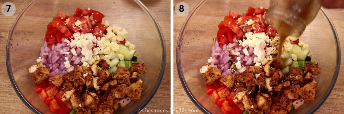 collage image of 2 steps showing assembling the grilled chicken salad. It shows assembling the salad ingredients in the mixing bowl and pouring the dressing over it.