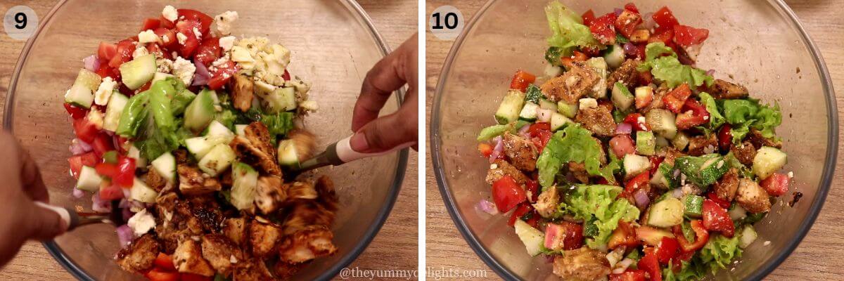 collage image of 2 steps showing tossing the mediterranean chicken salad.