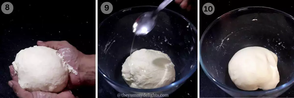 collage image of 3 steps showing kneaded naan dough and applying oil over it.