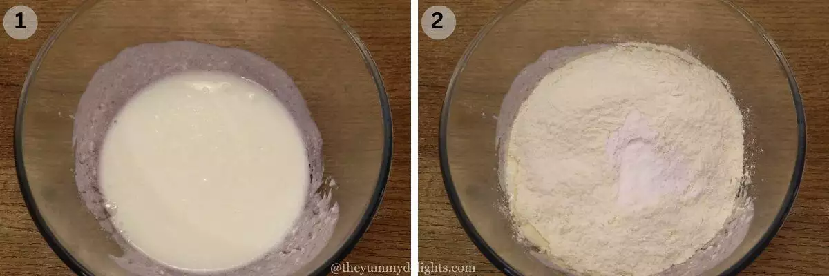 collage image of 2 steps showing how to make naan dough.