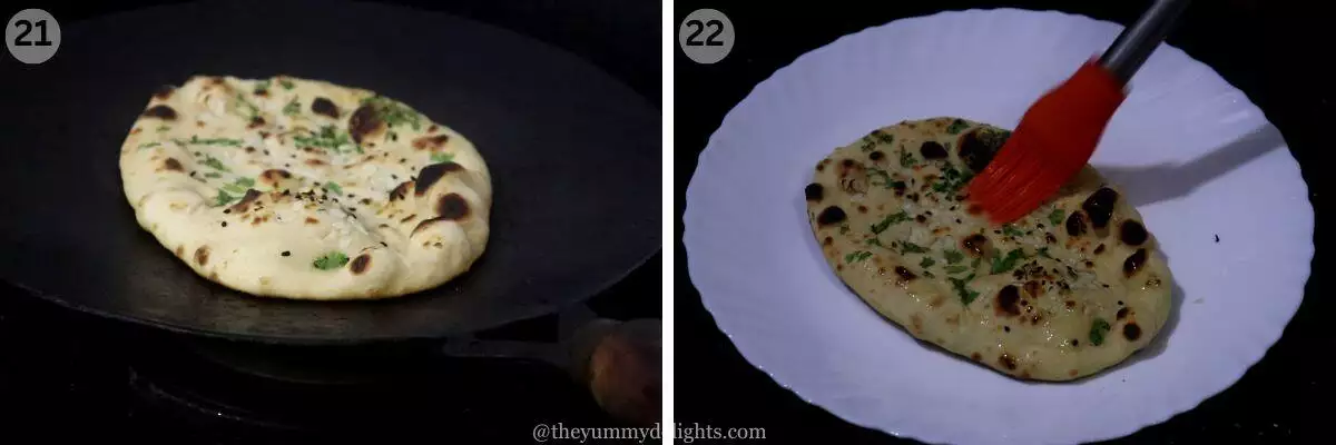 collage image of 2 steps showing cooked garlic naan bread and applying butter over it.