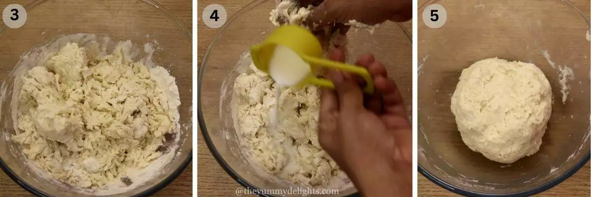 collage image of 3 steps showing making the naan dough, addition of milk and mixing it.