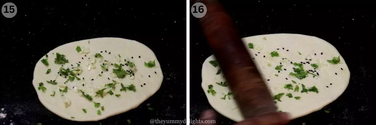 collage image of 2 steps showing rolling the naan bread. It shows addition of toppings on naan bread and rolling it.