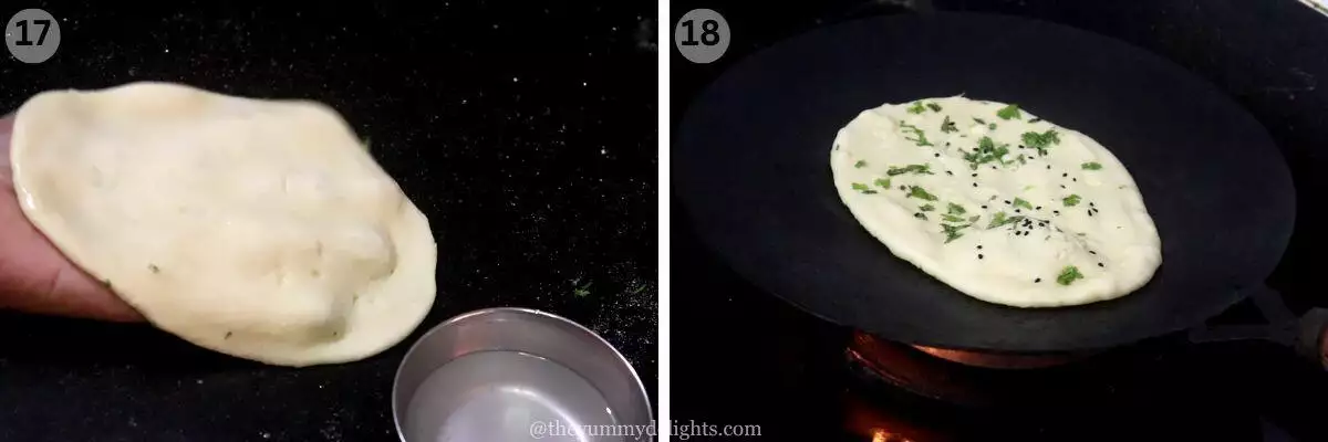 collage image of 2 steps showing cooking the naan bread.