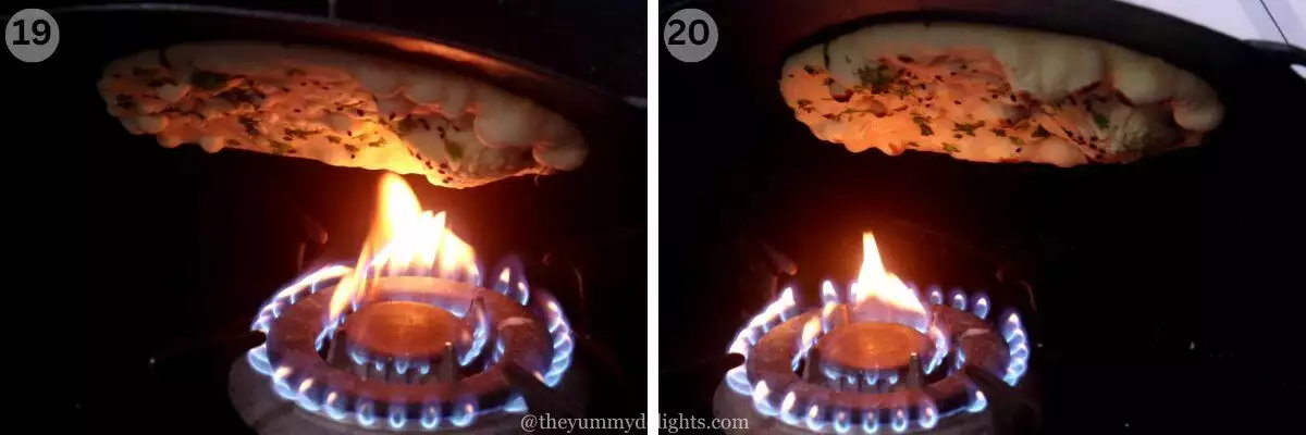 collage image of 2 steps showing toasting the naan bread over open flame on stovetop.