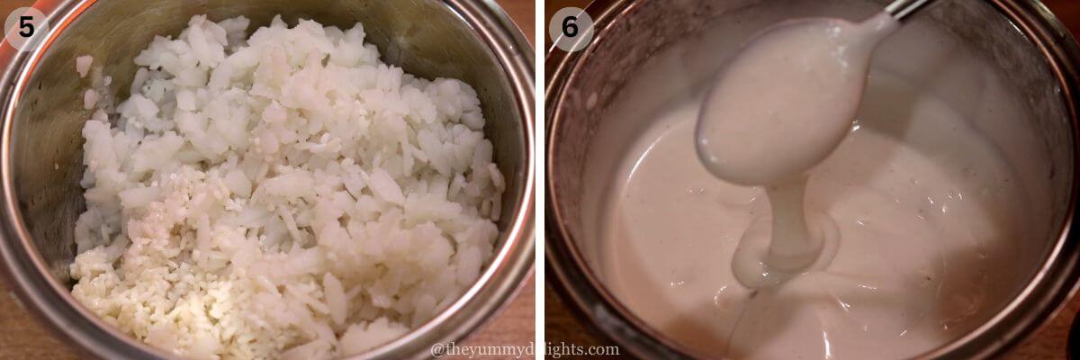 collage image of 2 steps showing how to make rice batter for patoli recipe.
