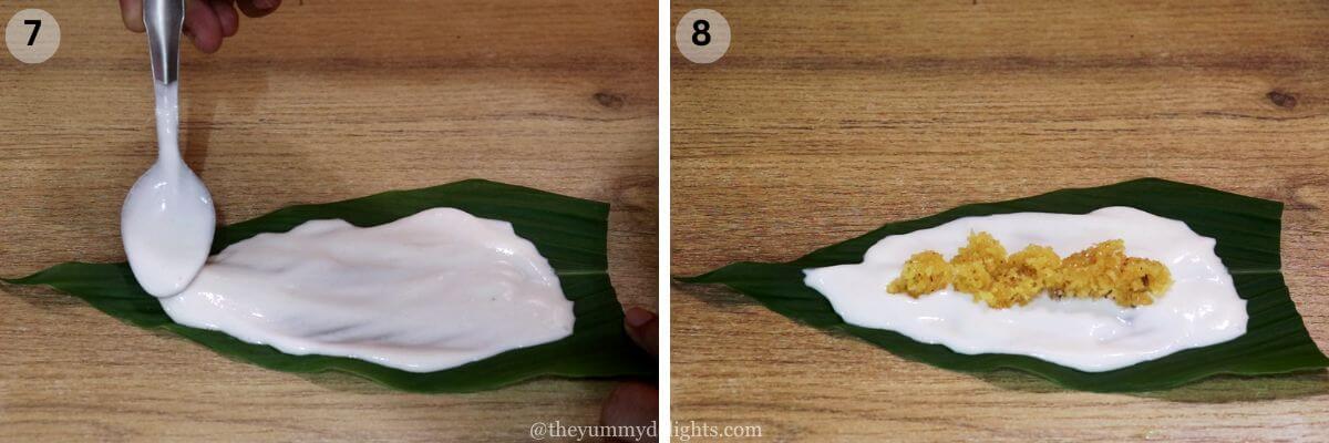 collage image of 2 steps showing how to make patoli. It shows spreading rice batter on turmeric leaves and adding the coconut-jaggery stuffing over it.