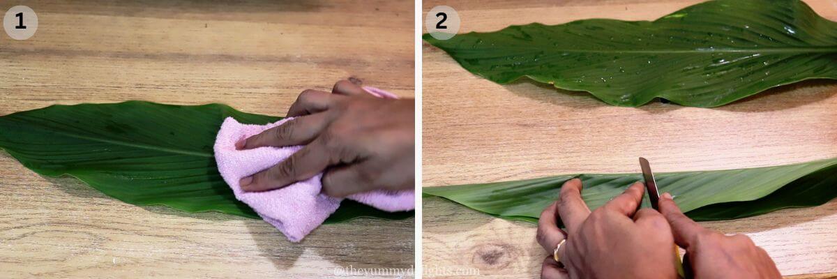 collage image of 2 steps showing cleaning the turmeric leaf and cutting it into half to make patoli.