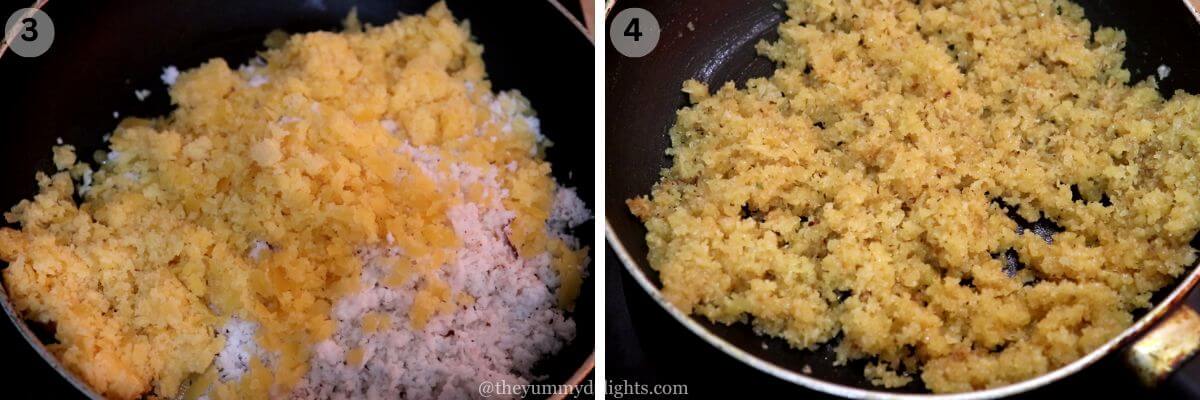 collage image of 2 steps showing making the coconut-jaggery stuffing for patoli.