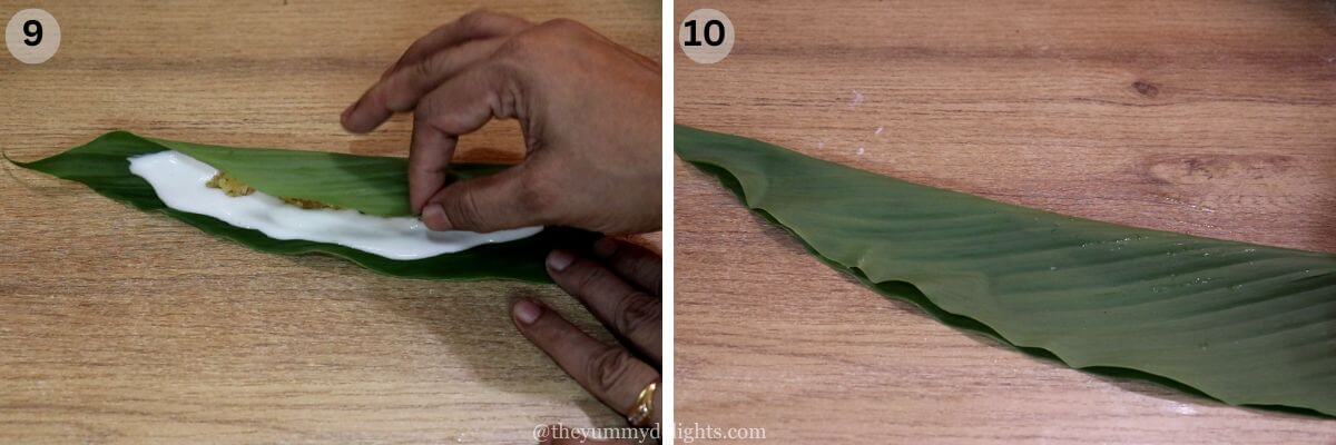 collage image of 2 steps showing folding the turmeric leaf after adding the stuffing for making patoli.