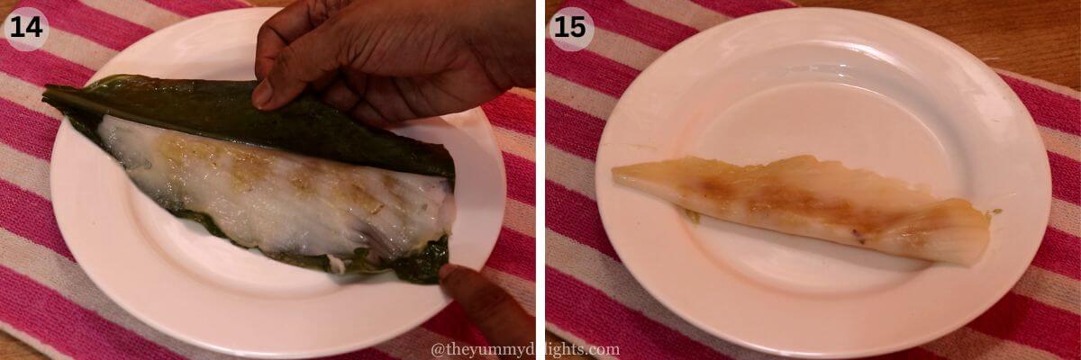 collage image of 2 steps showing how to remove turmeric leaf and serve patoli.