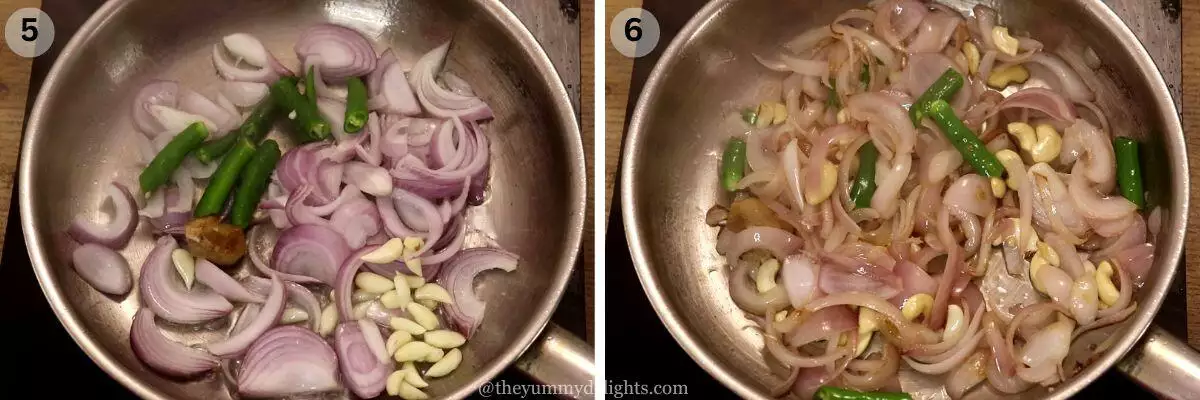 collage image of 2 steps showing sauteing onions, ginger-, garlic, and cashews to make onion-cashew paste for making murgh kali mirch.