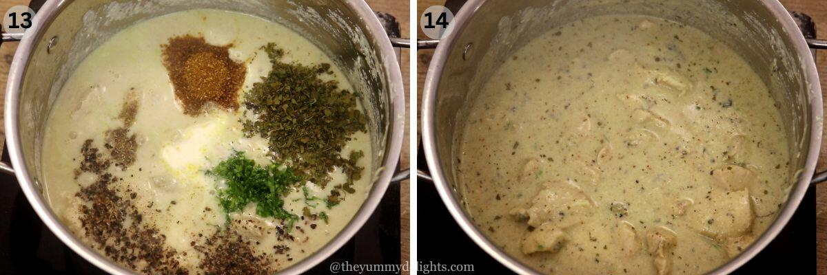 collage image of 2 steps showing addition of kasuri methi, garam masala, cream and black pepper to make chicken kali mirch.