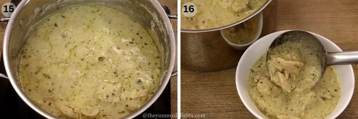 collage image of 2 steps showing how to make chicken kali mirch. It shows cooked chicken kali mirch curry and serving it.