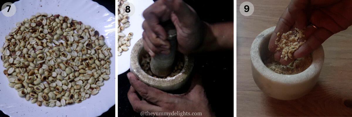 collage image of 3 steps showing how to make sabudana vada. It shows crushing the peanuts to a coarse powder in mortar and a pestle.
