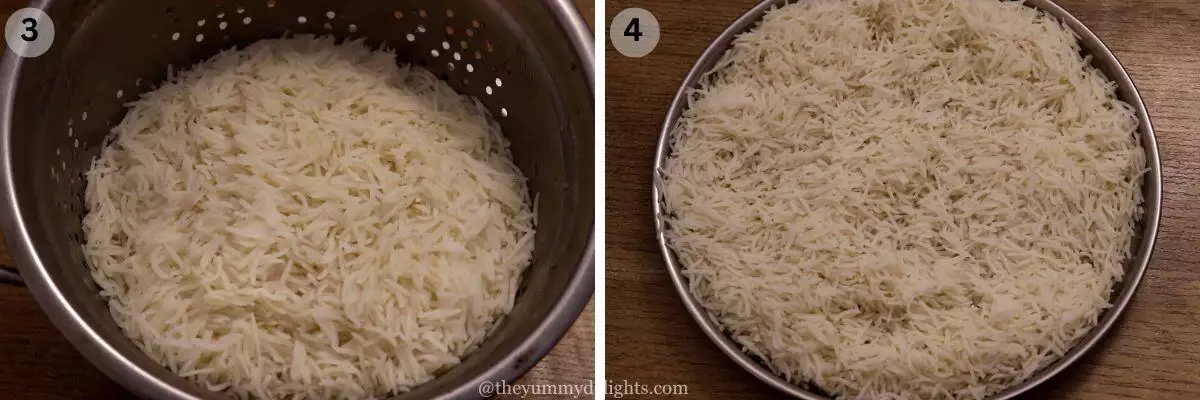 collage image of 2 steps showing how to cook rice for egg fried rice recipe. It shows draining rice on a colander and spreading it on a plate.